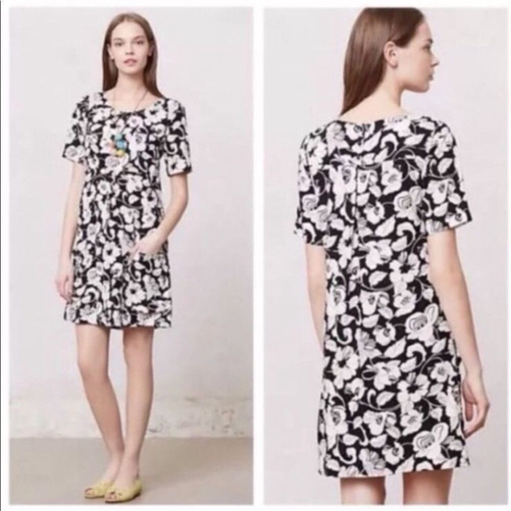 Anthropologie Maeve Zola rayon black Cream floral Short Sleeve Mini dress 6